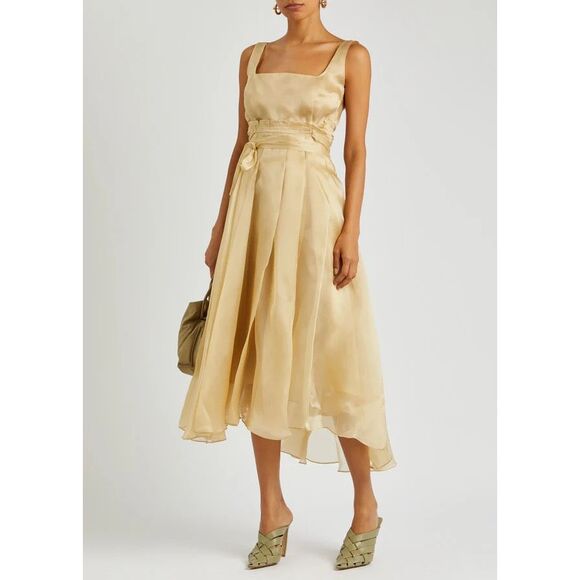NWT AWAKE Mode Sleeveless Asymmetric Hem Silky Organza Midi Dress Beige $2035 - Picture 1 of 12